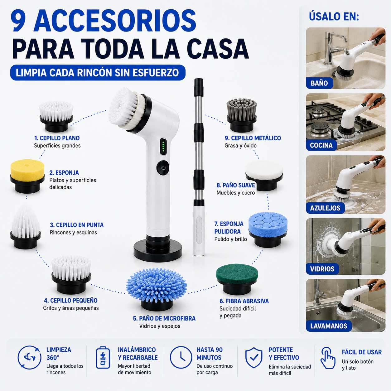 CEPILLO DE LIMPIEZA ELÉCTRICO GIRATORIO E INALÁMBRICO 9 EN 1