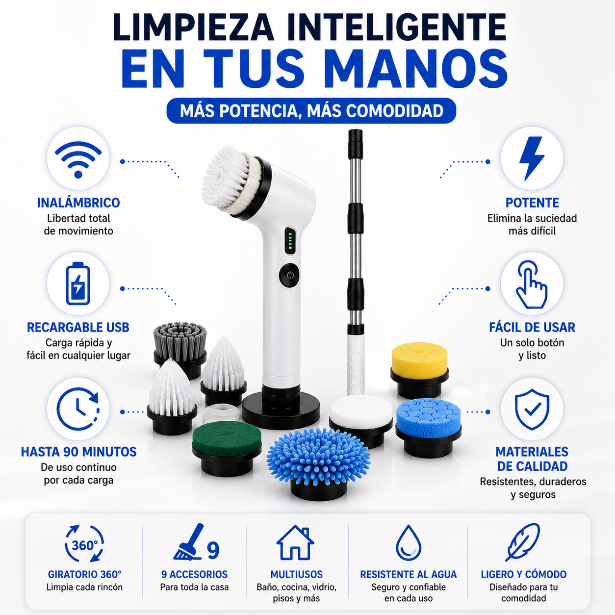 CEPILLO DE LIMPIEZA ELÉCTRICO GIRATORIO E INALÁMBRICO 9 EN 1